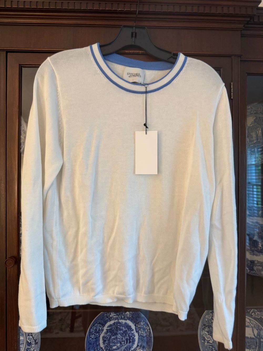 Stitches & Stripes white Crewneck Sweater with Blue Trim